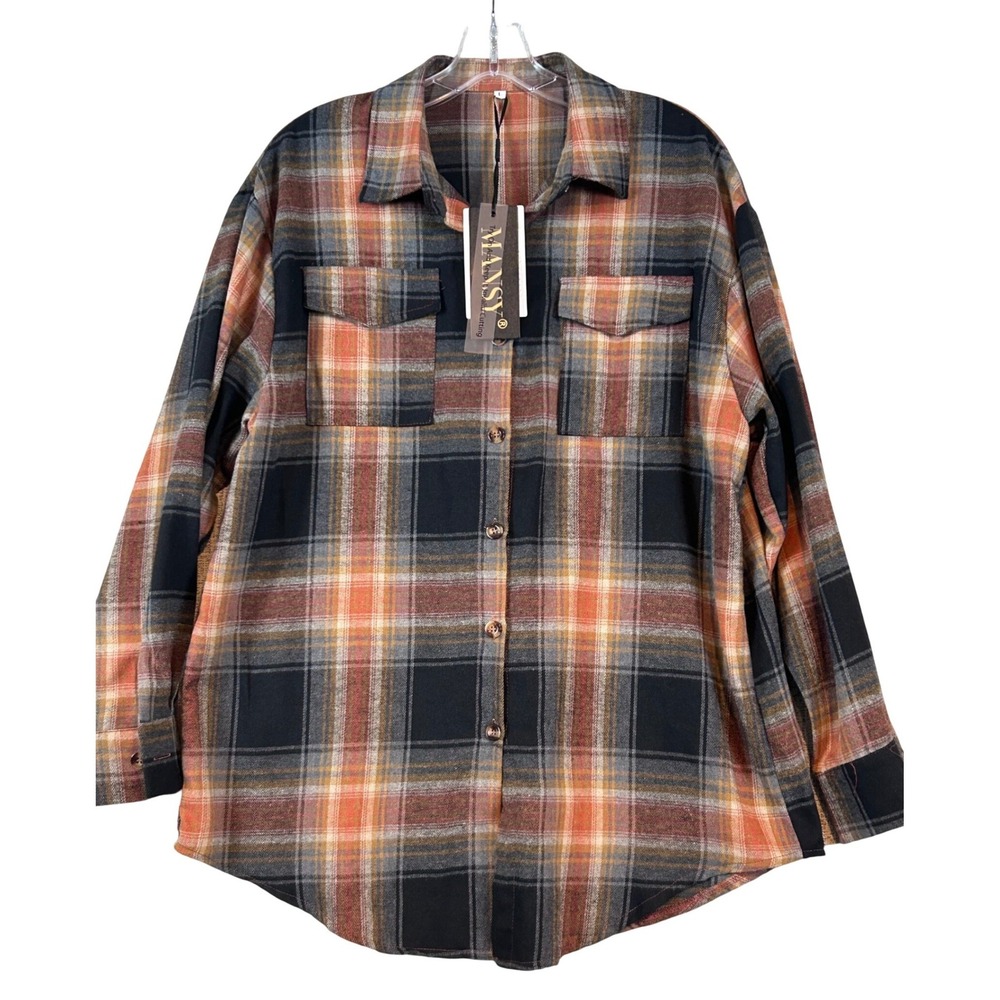 Mansy Womens Oversized Plaid Flannel Shirt Layering Gorpcore L/S Fall Shacket L